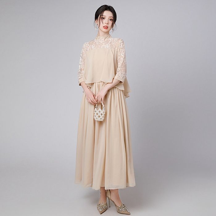 シフォンワンピース ワンピース レディース ドレス パーティードレス ミモレ丈 女子会 およばれ 花嫁 Aライン シンプル 二次会 フォーマル