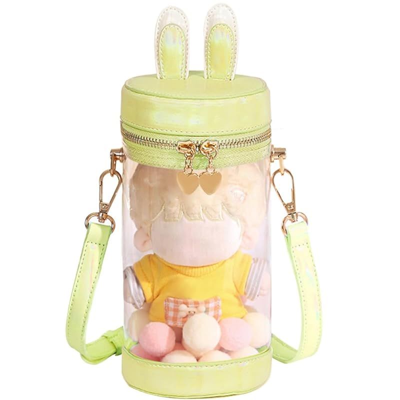 【新着商品】[YUYAKESHI] 痛バ 見せバッグ ショルダーバッグ イベント 20cmぬいぐるみ用 兎耳 2WAY 外出 透明 バッグ ミニポーチ 円筒 バック 蓋付（クリーム色・24cm高）