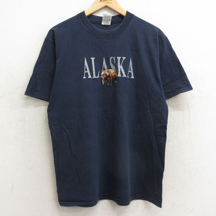 L/古着 半袖 ビンテージ Tシャツ メンズ 00s クマ アラスカ 刺繍 コットン クルーネック 紺 ネイビー 24mar05 中古
