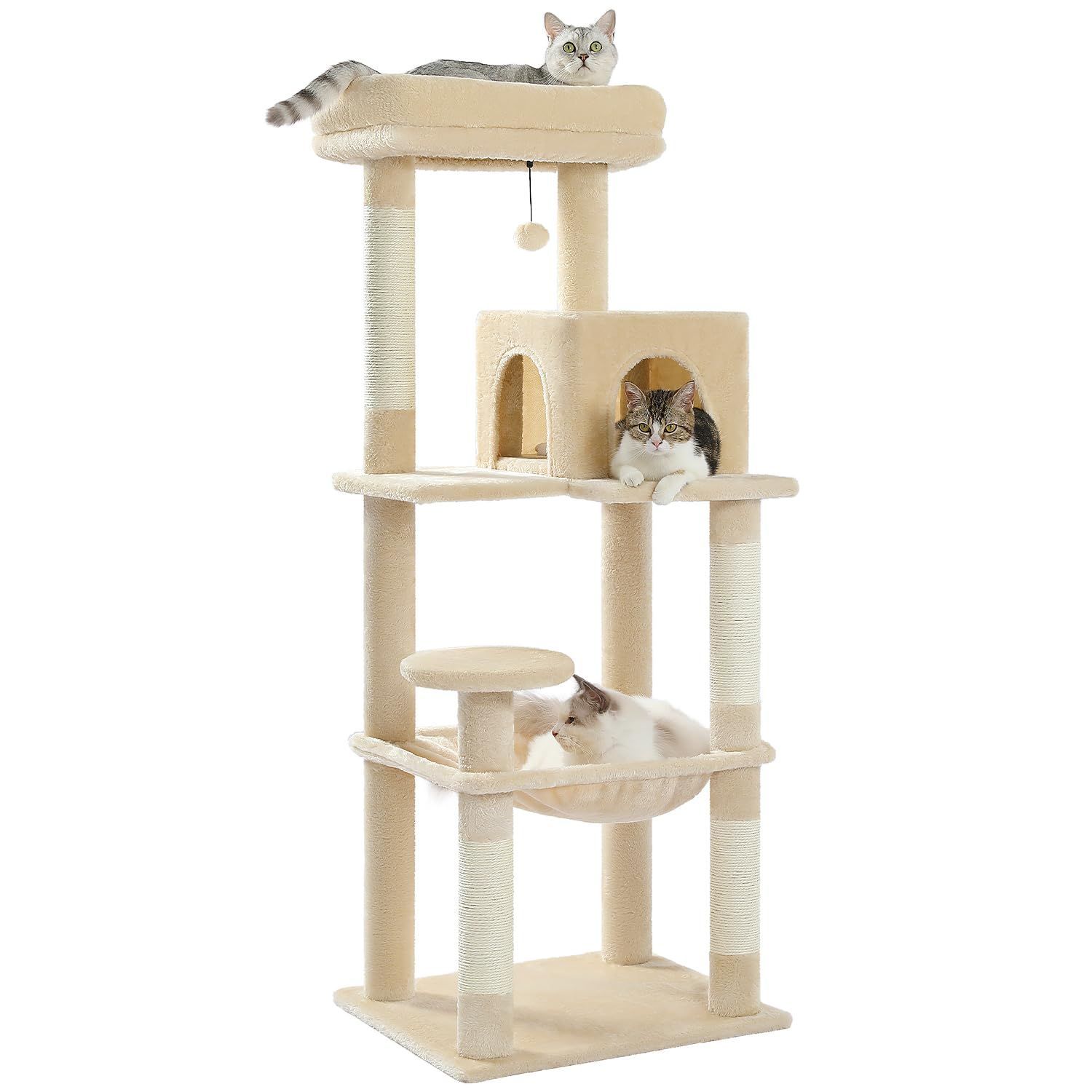 数量 PETEPELA ぺテぺラ キャットタワー 猫タワー スリム 大型猫 据え置き 省スペース 登りやすい ハンモック 見晴台 ねこハウス ボンボン 天然麻紐 爪とぎ 運動不足解消 多頭飼い ベージュ 高さ143cm