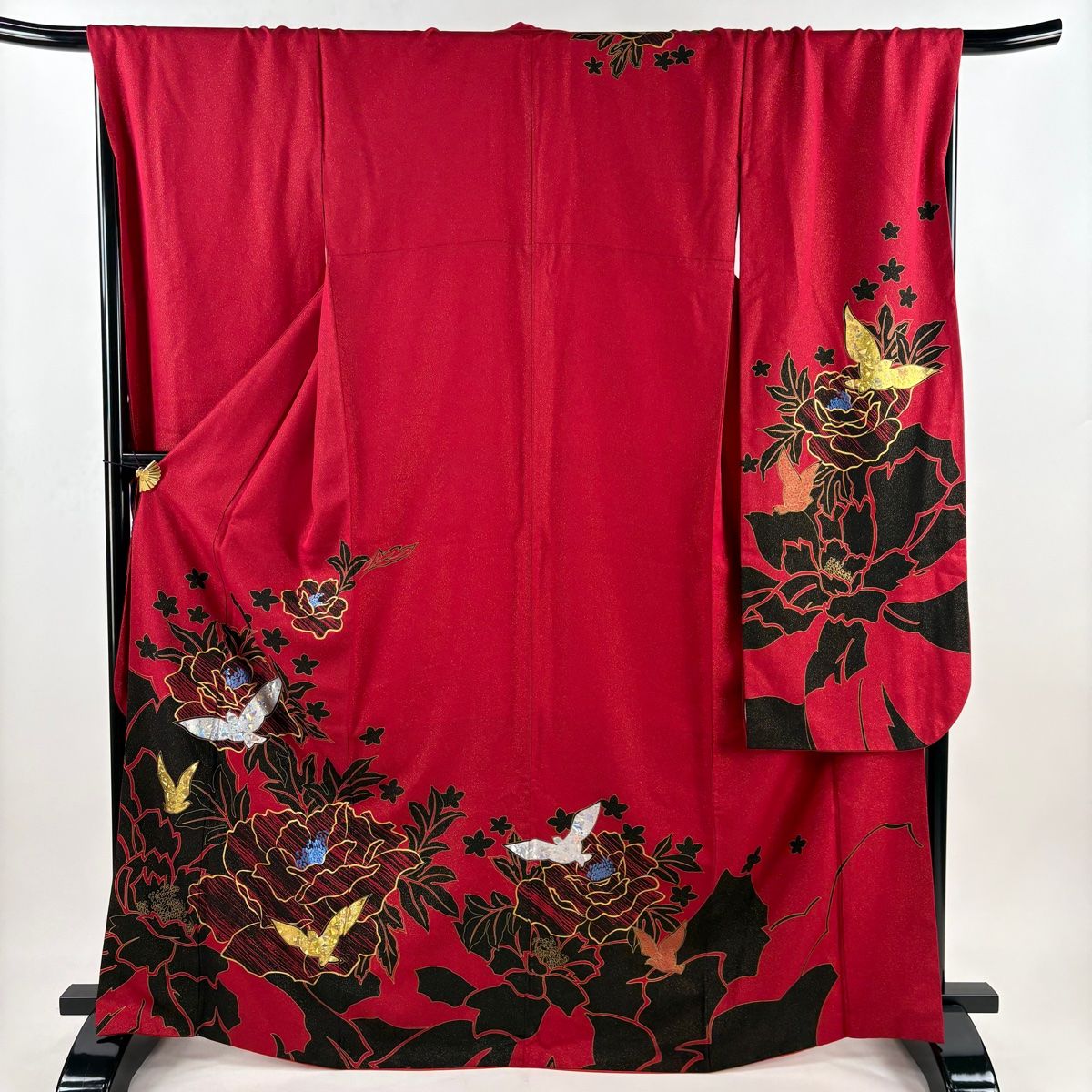 振袖 身丈168cm 裄丈69cm L 袷 鳥 牡丹 金通し 金銀彩 赤 正絹 秀品