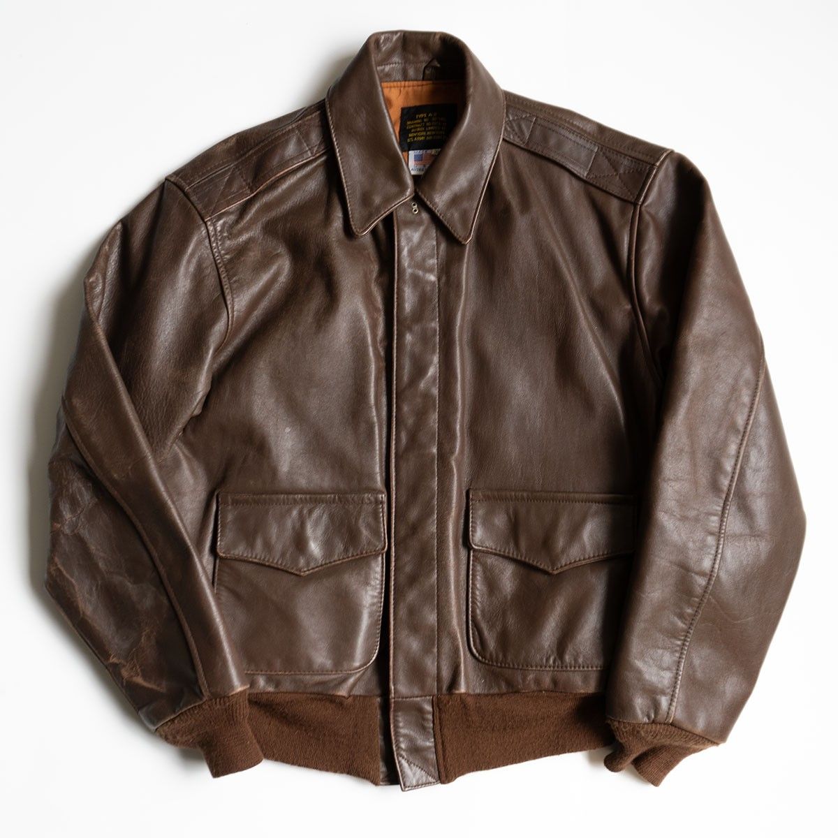 雰囲気抜群 AVIREX A-2 ホースハイド フライトジャケット 38 ブラウン レザー アビレックス 25100387