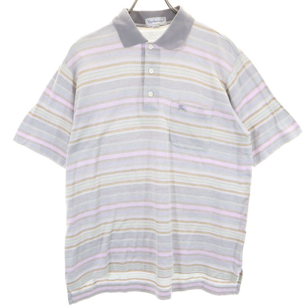バーバリーズ 90s 日本製 オールド ボーダー柄 半袖 ポロシャツ M グレー系 Burberrys 鹿の子地 メンズ 古着 【240412】 メール便可