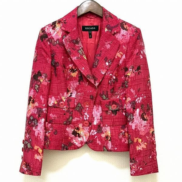 anc エスカーダ ESCADA ジャケット 34 赤系 総柄 シルク混 小さい