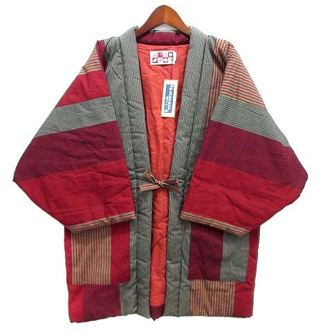 宮田織物 手作り ちゃんちゃんこ はんてん 半纏 和装 和服 羽織 中綿 ストライプ 長袖 レッド 赤 部屋着