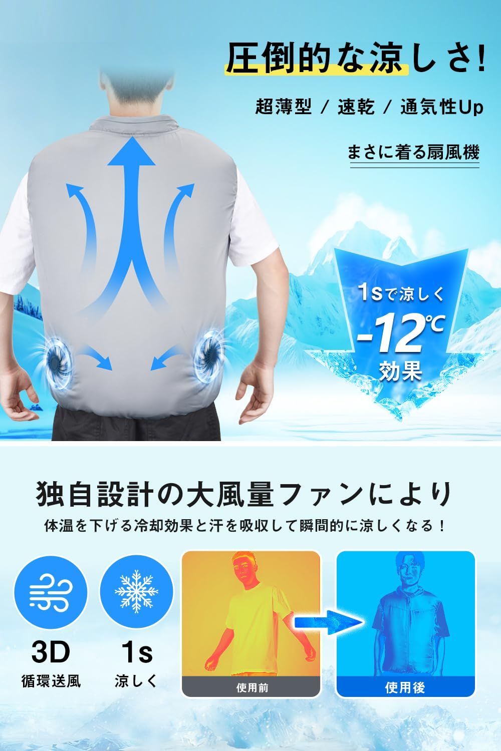 ファン付き作業服 40000mAh大容量 冷却服 3D循環強力パワフル送風 袖なし 暴風ファン ファン付きベスト 大風量 ベスト 3段階風量調節 空調作業服 通気 薄型 UVカット 超軽量 男女兼用 2025革新 熱中症対策 Somoya