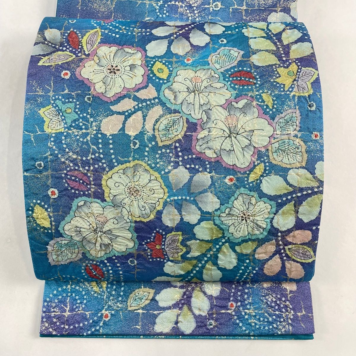 袋帯 美品 名品 落款 辻が花 箔 銀糸 水色 お太鼓柄 正絹 【中古