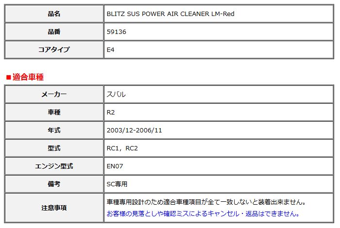 BLITZ ブリッツ コアタイプ サスパワー エアクリーナー LM-Red R2 RC1 RC2 2003 12-2006 11 59136