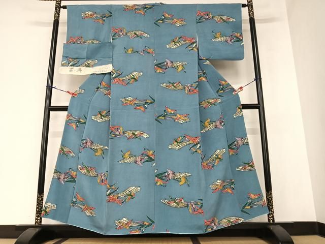 平和屋着物●琉球紅型　小紋　古典　舞鳥文　浜ちりめん　反端付き　正絹　逸品　AAAZ7334zg 平和屋着物○琉球紅型 小紋 古典 舞鳥文 浜ちりめん 反端付き 正絹