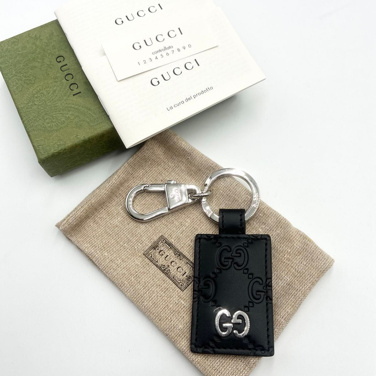 ♥級 付属品完備 GUCCI グッチ ドリアン GG レザー プレートチャーム キーリング ブラック