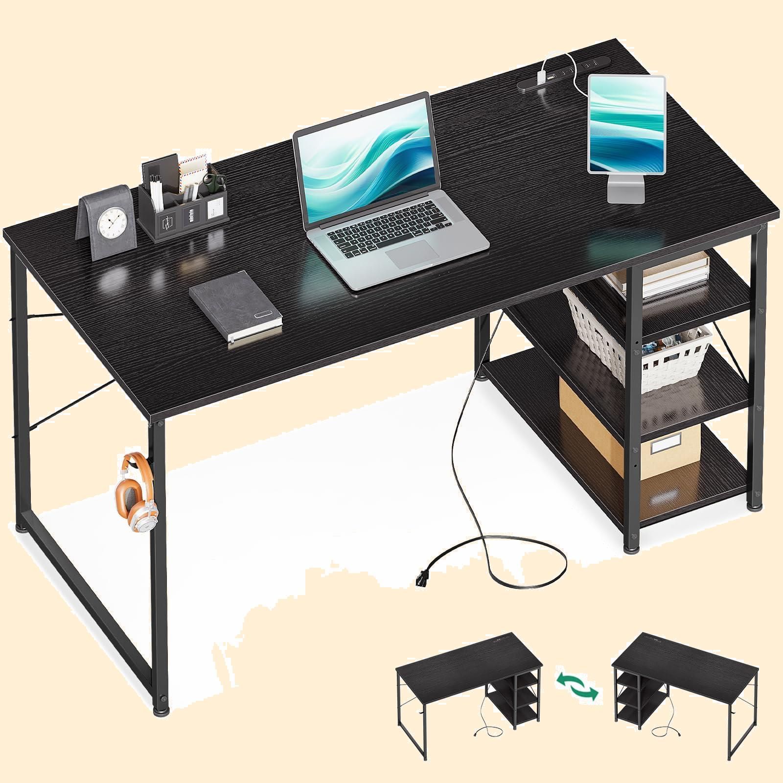 勉強机 子 学習机 在宅勤務 ワークデスク ban ゲーミングデスク パソコンデスク hc 左右入替え対応 収納フック付き おしゃれ 3段ラック付き コンセント付き シンプル 幅120cm pcデスク 組立簡単 机 デスク ホワイト KKL