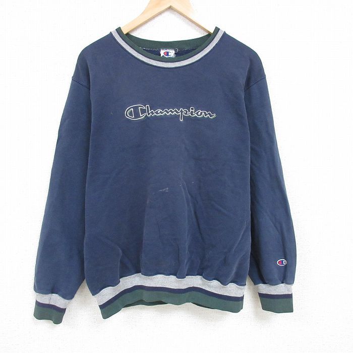 XL/古着 チャンピオン Champion 長袖 スウェット メンズ 00s ビッグロゴ 刺繍 クルーネック 紺 ネイビー 24sep14 中古 スエット トレーナー