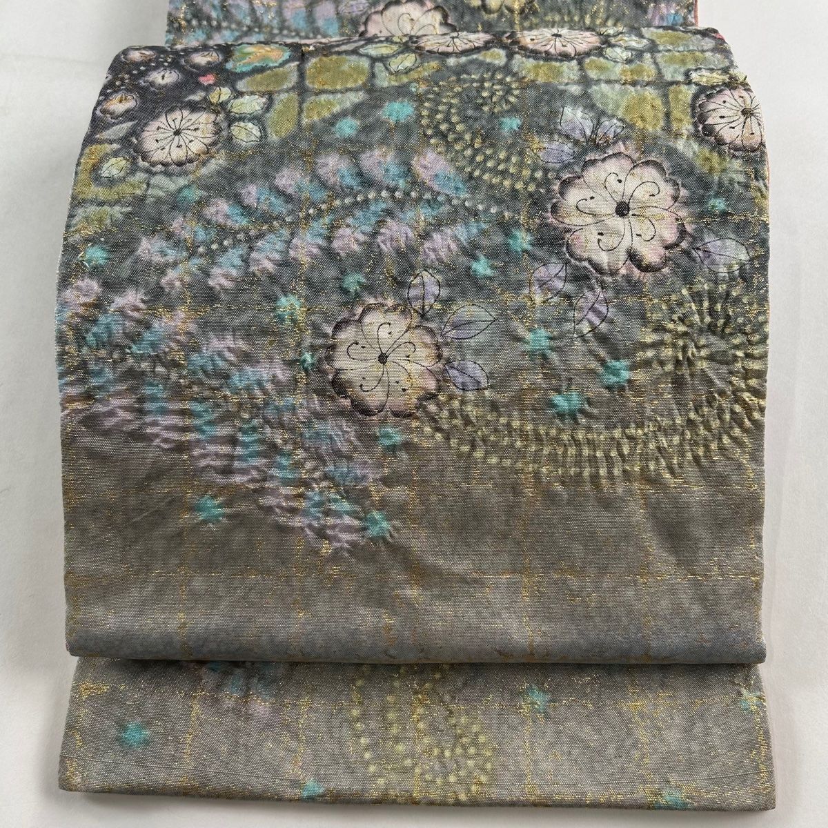袋帯 秀品 落款 草花 箔 銀糸 青灰色 お太鼓柄 正絹