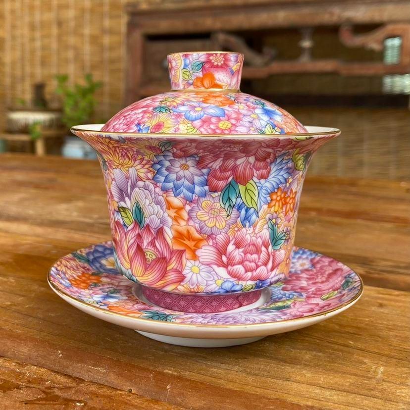 中国茶器 景徳鎮 陶磁器 鯖藻紋開片三才蓋碗 茶道具 工芸品 置物 中国茶器 景徳鎮 陶磁器 鯖藻紋開片三才蓋碗 茶道具 工芸品 置物