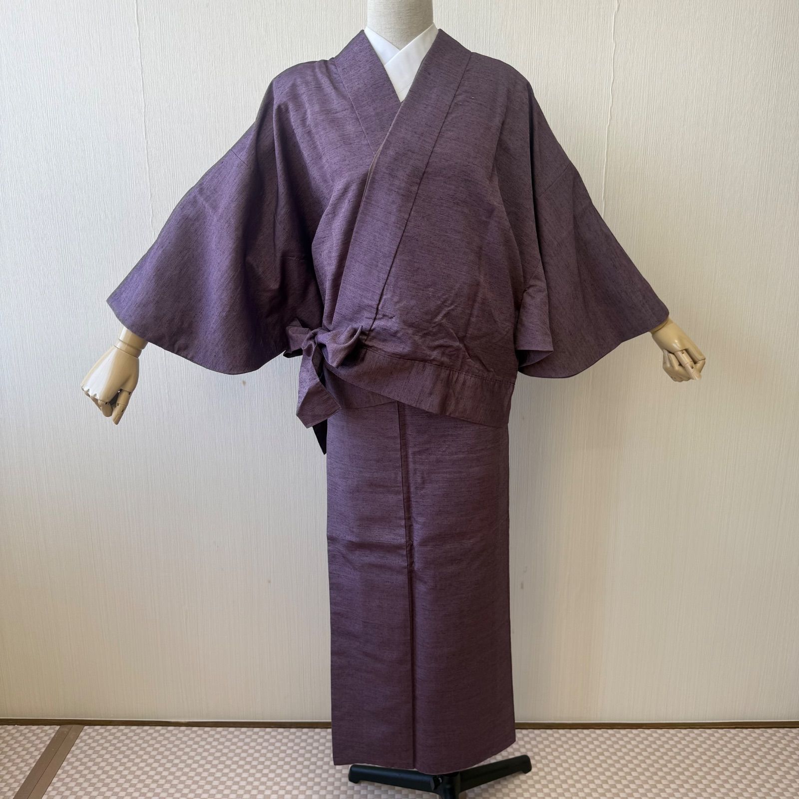 着物 二部式着物 正絹 紬 袷 二部式 紫 無地 リサイクル着物 z-555