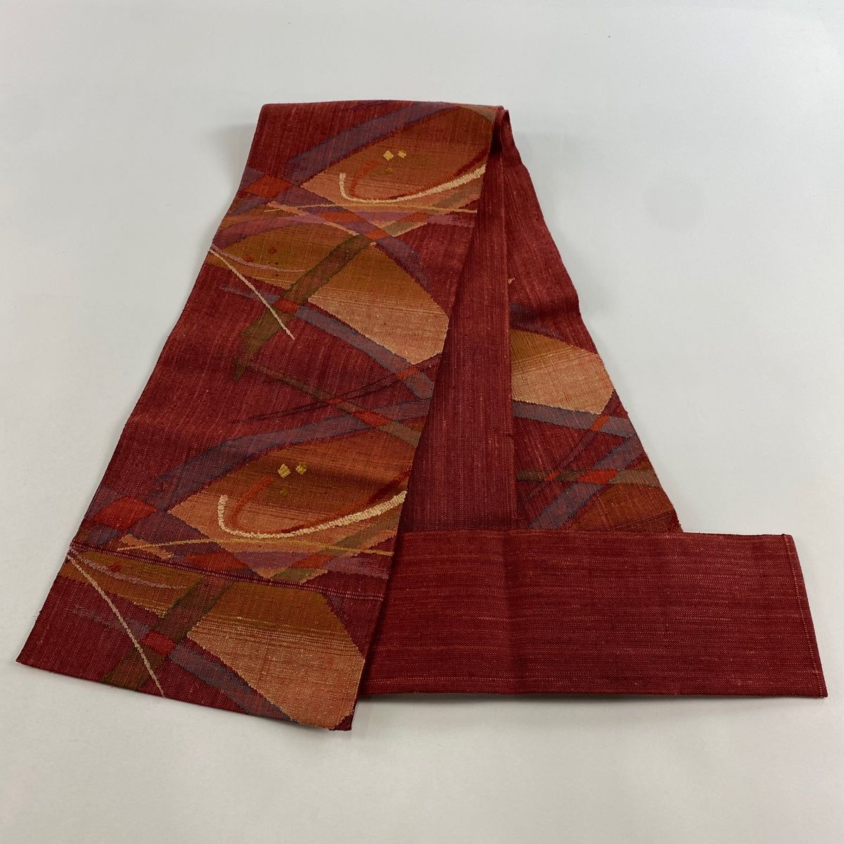 名古屋帯 美品 優品 八寸名古屋帯 松葉仕立て 幾何学模様 赤茶 正絹