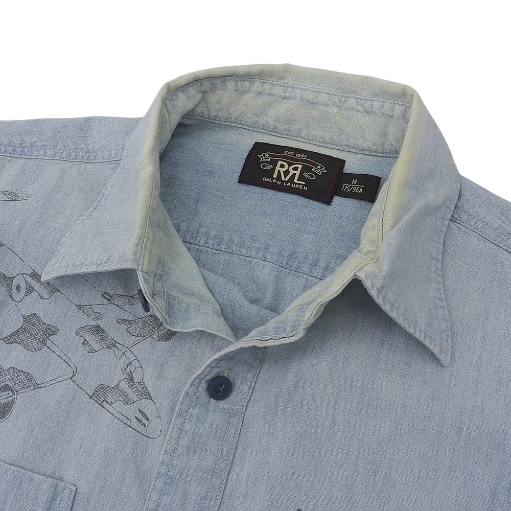 RRL ダブルアールエル 戦闘機プリント 開襟シャツ トップス メンズ ライトブルー M M KARIMZIABAT_FR