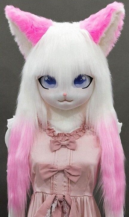 着ぐるみヘッド 猫 白とピンク 全頭ヘッド ケモノ マスク ファー