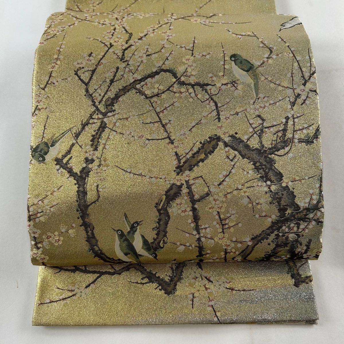丸帯 名品 枝梅 鳥 箔 金色 全通 正絹