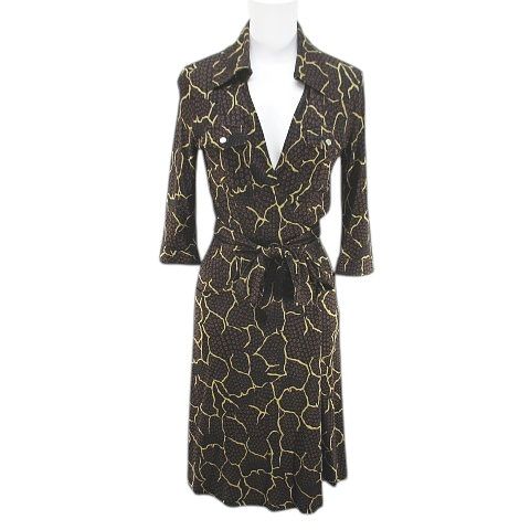 ダイアンフォンファステンバーグ DIANE von FURSTENBERG 七分袖 膝丈 ラップワンピース フ ワンピース ワンピース 絹 シルク 4 茶系 ブラウン 総柄