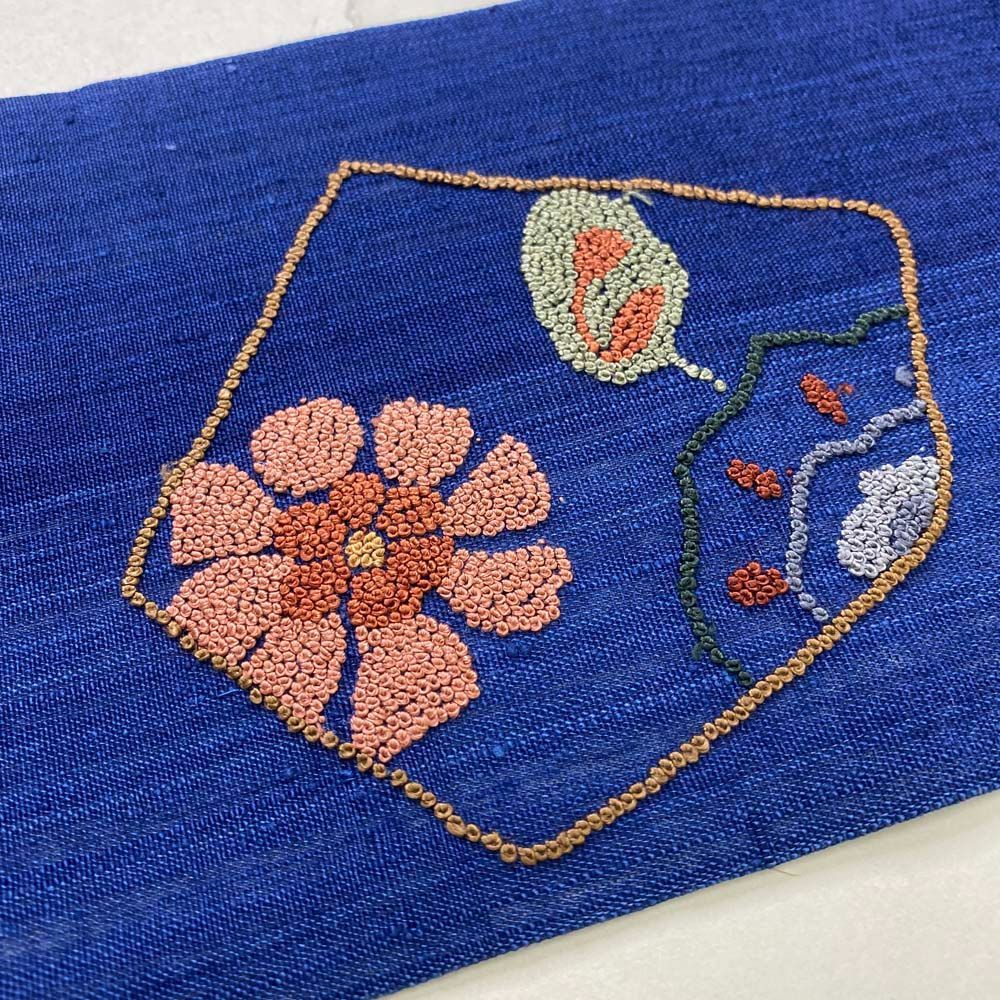 名古屋帯 なごや帯 九寸 相良刺繍 汕頭刺繍 帯 中古 リサイクル 紺色