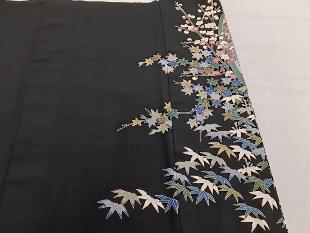 ④正絹 豪華振袖 枝花文 ぼかし染め 銀彩（平和屋着物□豪華黒