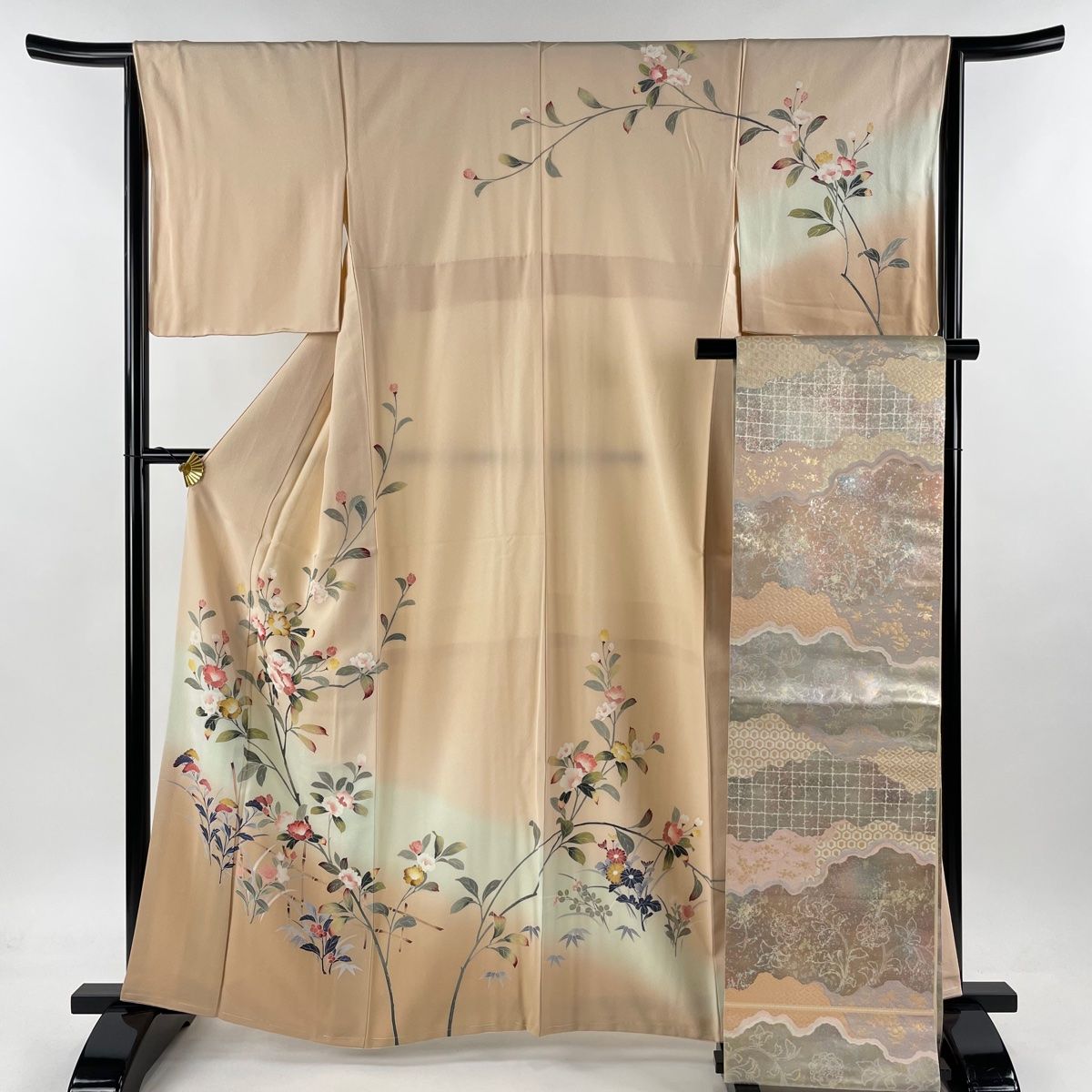 訪問着 身丈162cm 裄丈65.5cm M 袷 袋帯セット 落款あり 枝花 ぼかし 薄ピンク 正絹 秀品