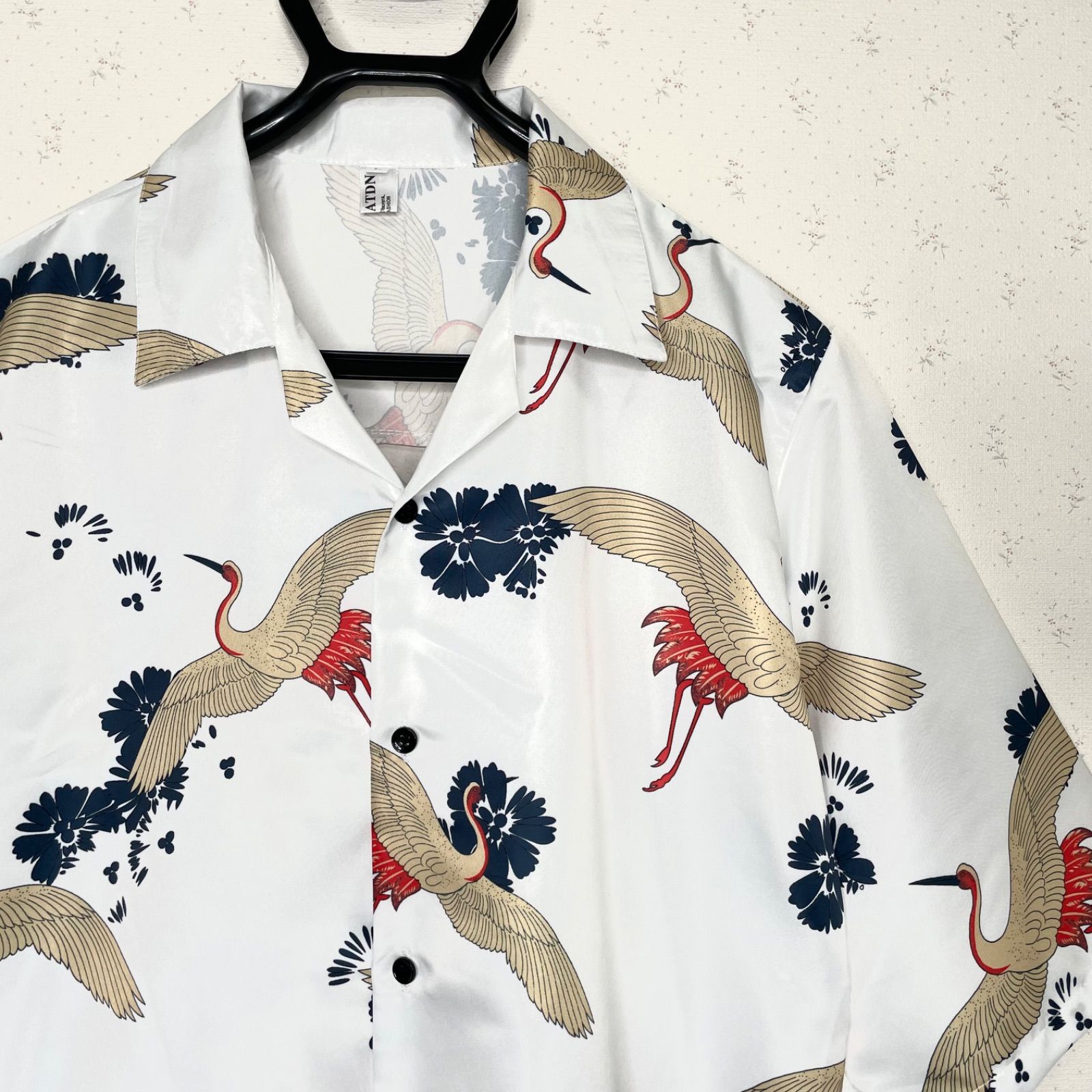 新品　オープンカラーシャツ　アロハ　鶴　半袖　和柄　レトロ　総柄　アメカジ　L