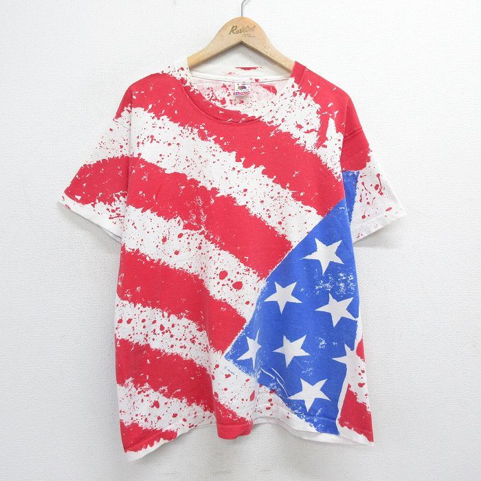 XL/古着 フルーツオブザルーム 半袖 ビンテージ Tシャツ メンズ 90s 星条旗 全面プリント 大きいサイズ コットン クルーネック 白他 ホワイ