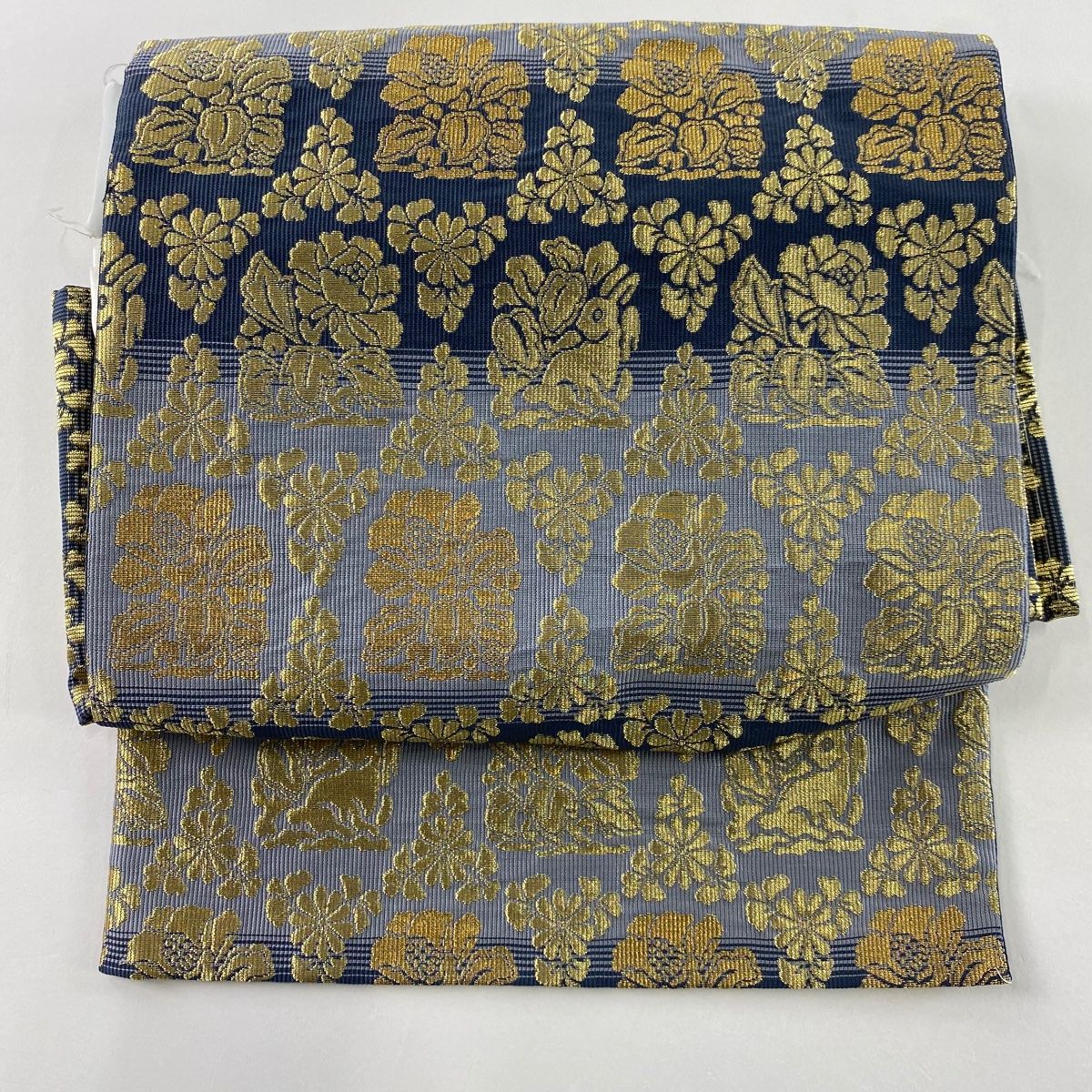 付け帯 名品 作り帯 花兎 牡丹 金糸 紺色 正絹