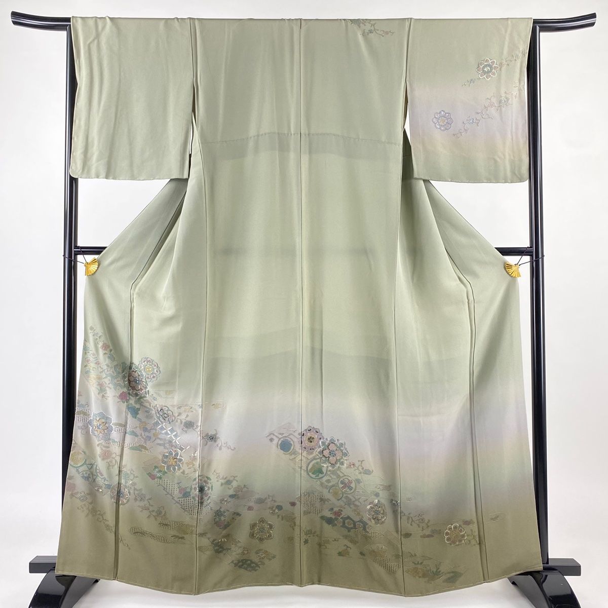 訪問着 身丈162cm 裄丈66cm M 袷 華文 松竹梅 刺繍 金銀糸 灰緑