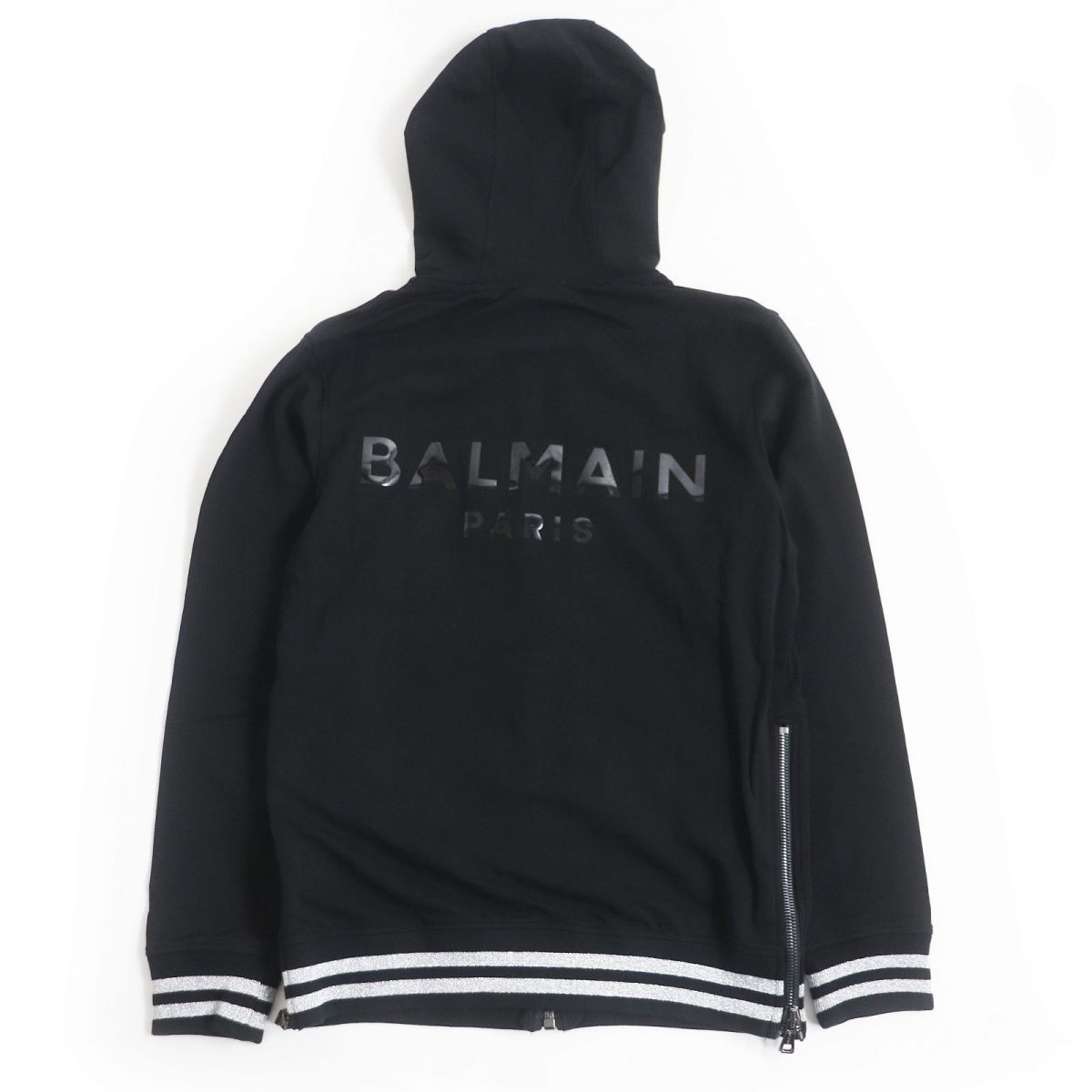 極美品BALMAIN（バルマン）黒Lジップアップフーディースウェットパーカー 極美品□BALMAIN/バルマン バックロゴ ラインデザイン ラメ
