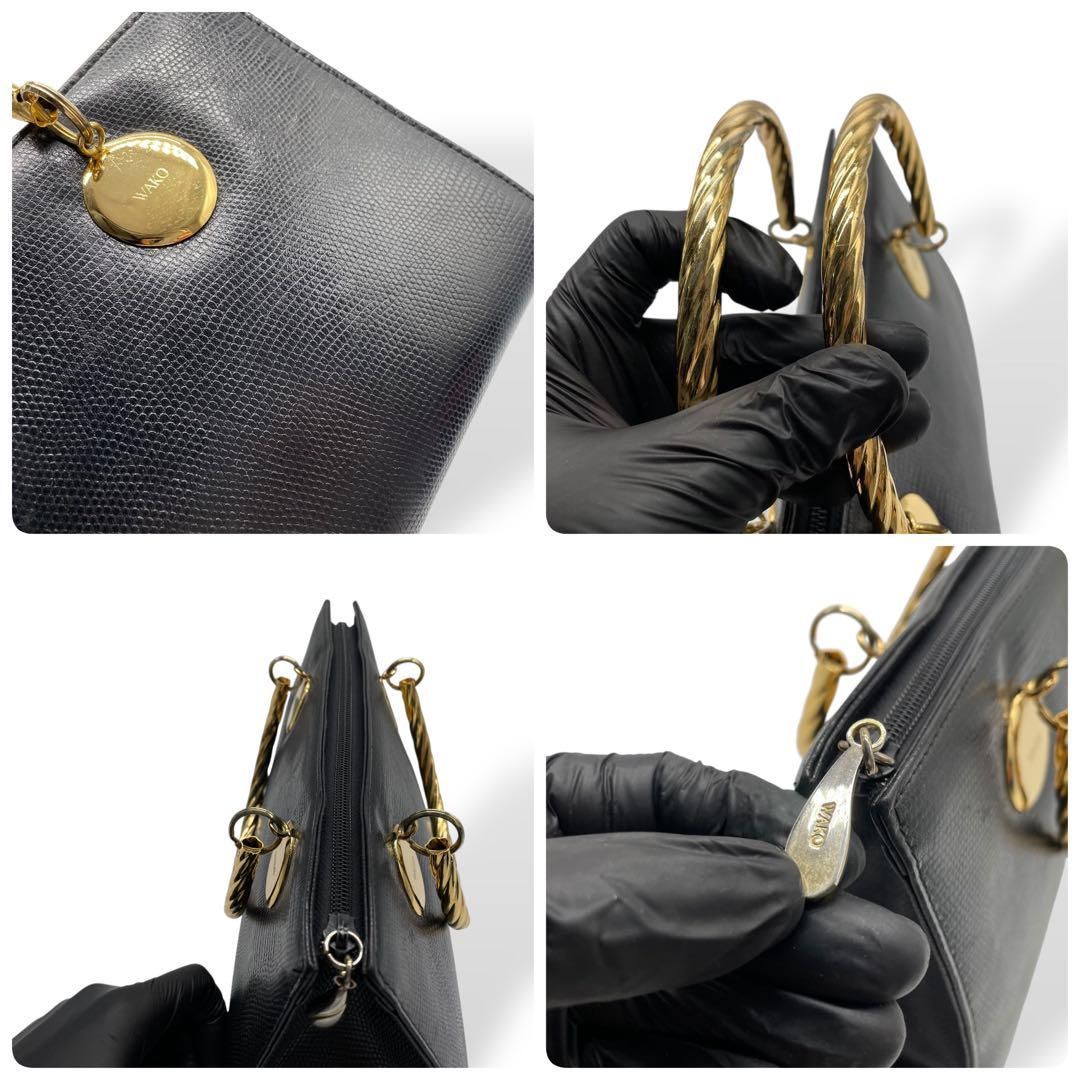 再値下げ‼️  銀座和光　型押しレザー　ゴールドハンドルバッグ 美品 銀座WAKO ワコウ ハンドバッグ ゴールドハンドル リザード