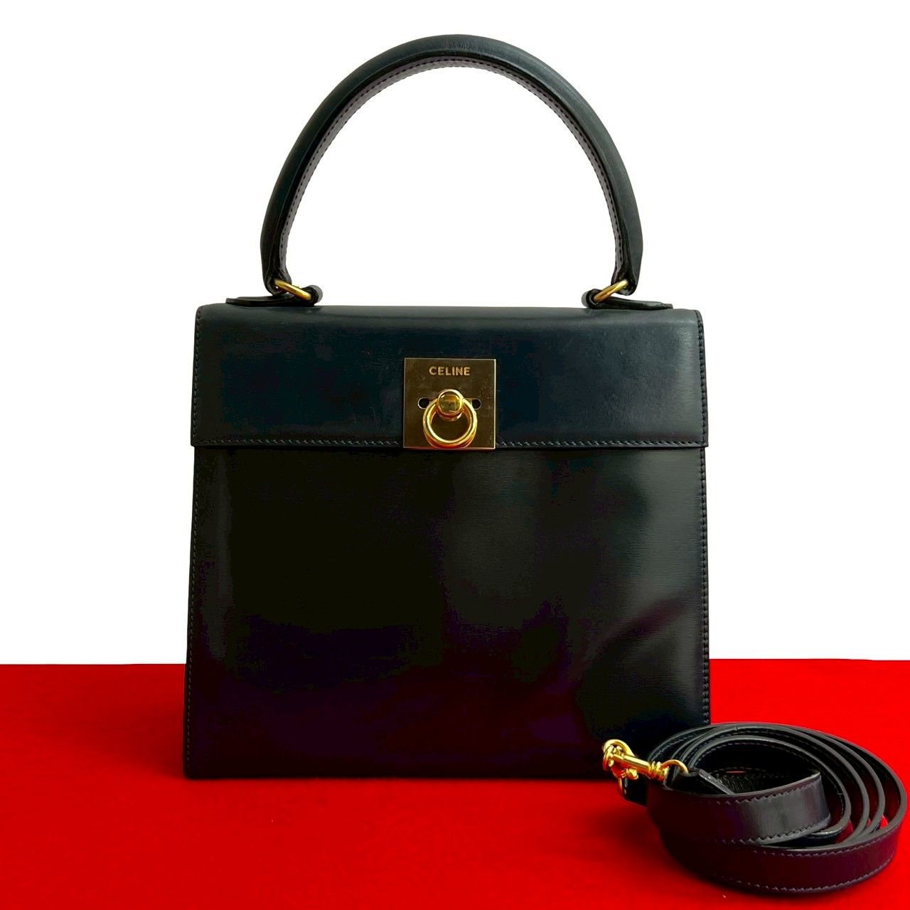 極美品 袋付 CELINE セリーヌ ヴィンテージ ロゴ リング 金具 カーフ