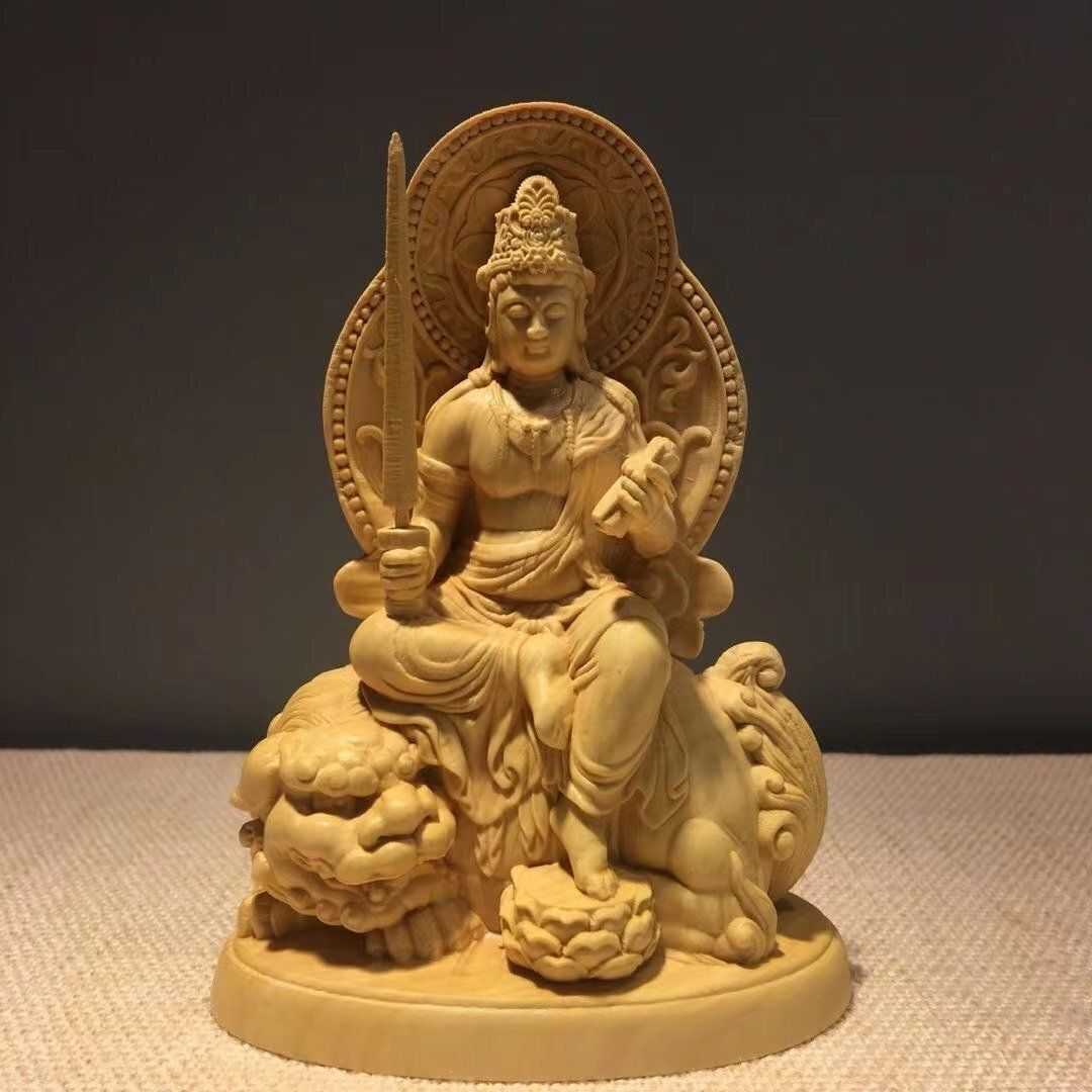 仏教美術　木彫　普賢菩薩像　仏像　置物　共箱　V　7995 文殊菩薩 普賢菩薩 木彫り 仏像 文殊菩薩像 普賢菩薩像 座像