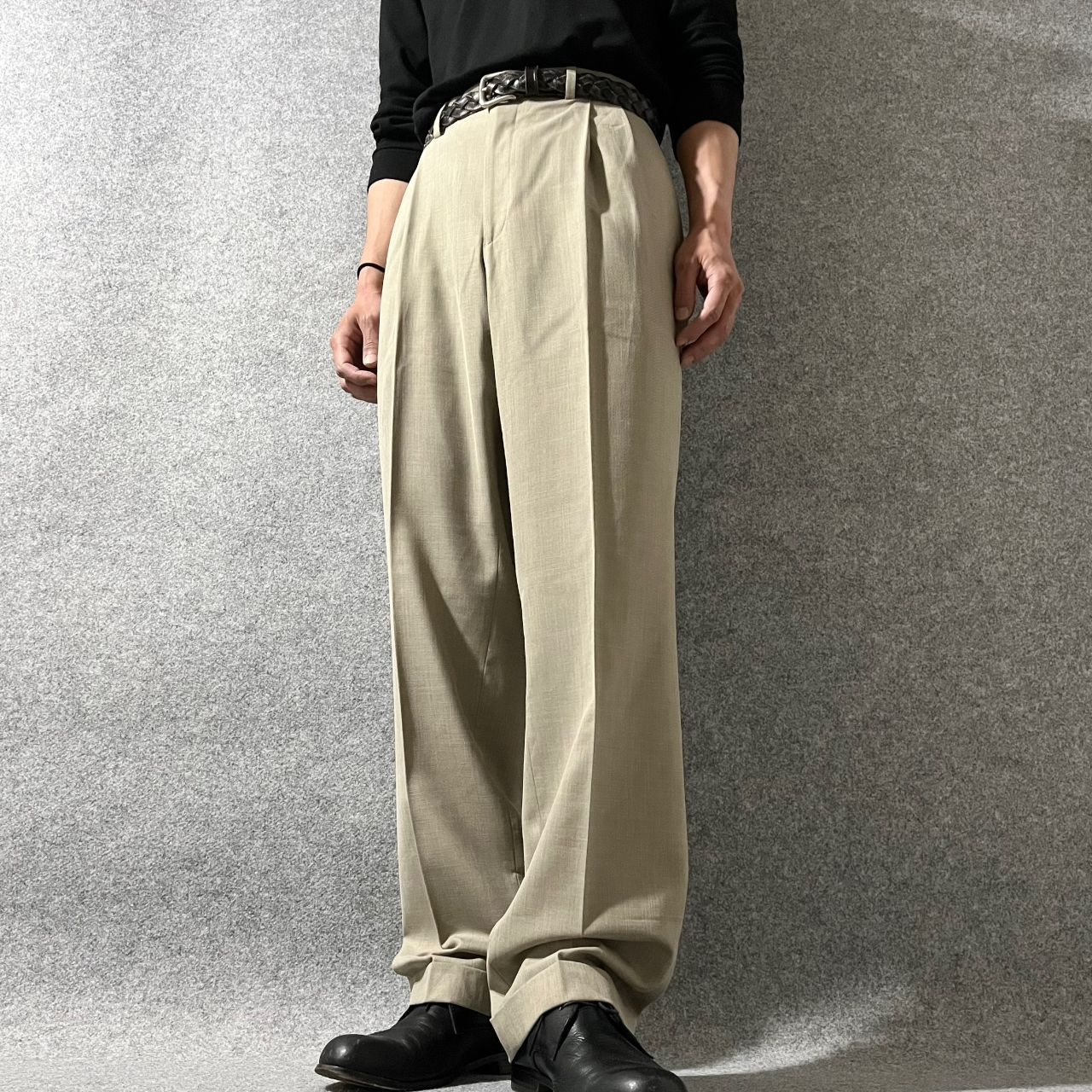 LAUREN RALPH LAUREN 2タック ワイド スラックス ベージュ ラルフローレン】2タック ワイド スラックス ダブル 光沢 ベージュ W34