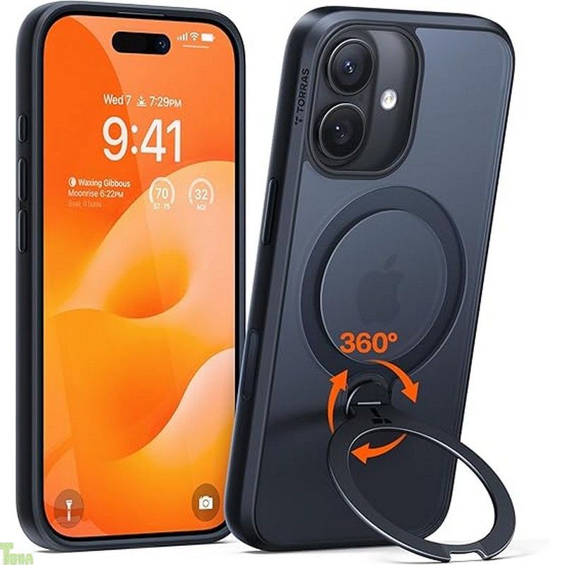 TORRAS iPhone 17 用 ケース 多機能一体 360°新定点回転スタンド Magsafe対応 Ostand Q3 Spin 高耐久性 耐衝撃 ゼンマイ式スタンド リング 縦横両対応 マグネット搭載 急速充電対応 指紋防止 ブラック a
