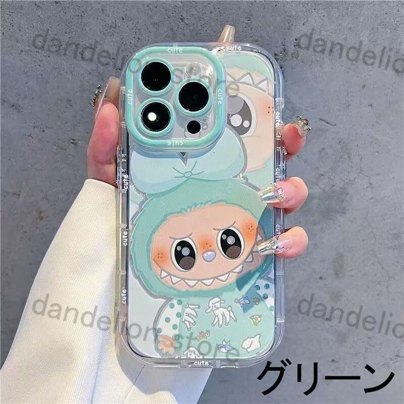 スマホケース ラブブLabubu グリーン ピンク ストラップ付き