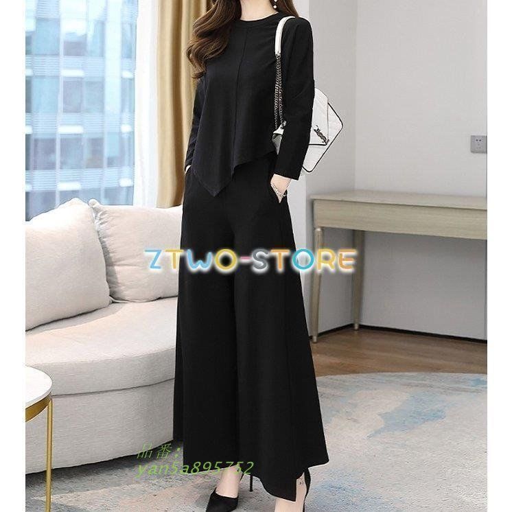 上下セット レディース ツーピース 長袖 アシンメト裾変形 ラウンドネック ワイドレッグパンツ ポケット付き 伸縮性ウエスト スーツ クロップド丈 yan5a895752
