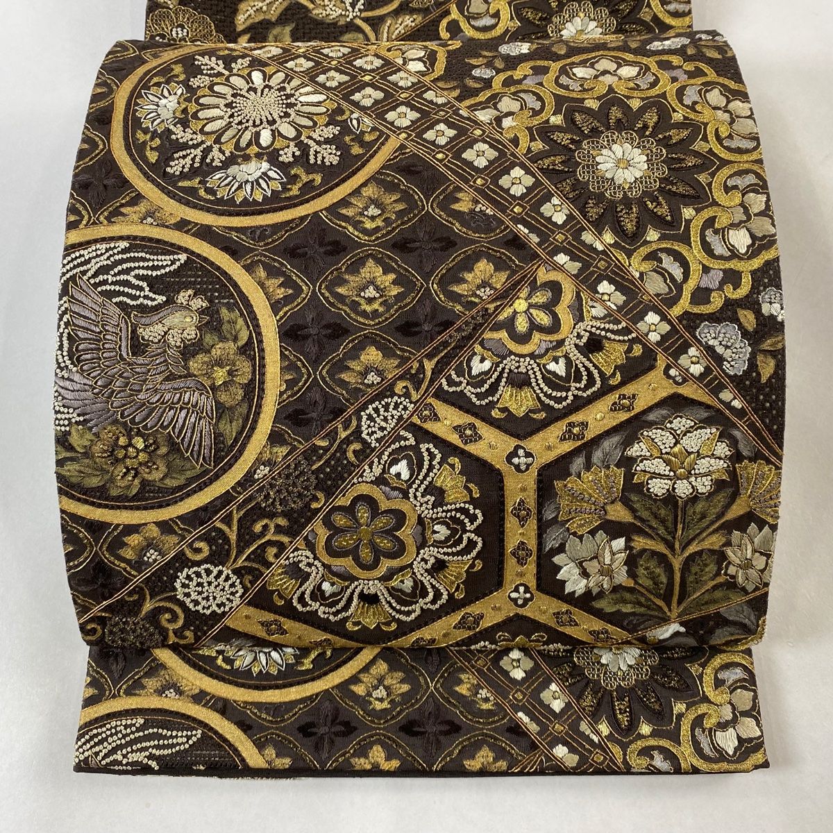 袋帯 華文 花鳥 刺繍 金銀彩 焦茶色 六通 正絹