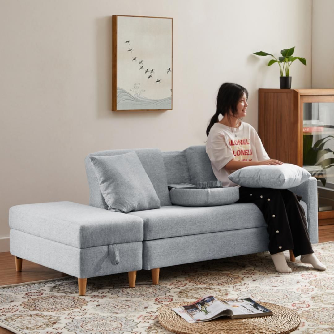 ソファー 2人掛け収納付きクッション4個付き 金属脚付きカウチソファ多