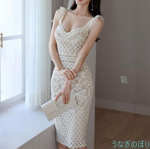 ワンピース ひざ丈 レース タイト レディース ノースリーブ 夏 ホワイト Vネック パーティー セクシー 透け感 スカート 0593