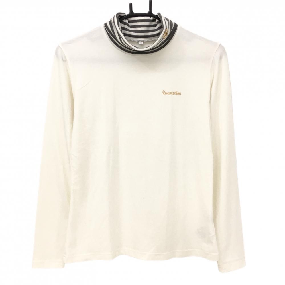 超 レザレクション 長袖タートルネックシャツ 白×グレー 微起毛 ネックボーダー レディース L ゴルフウェア Resurrection