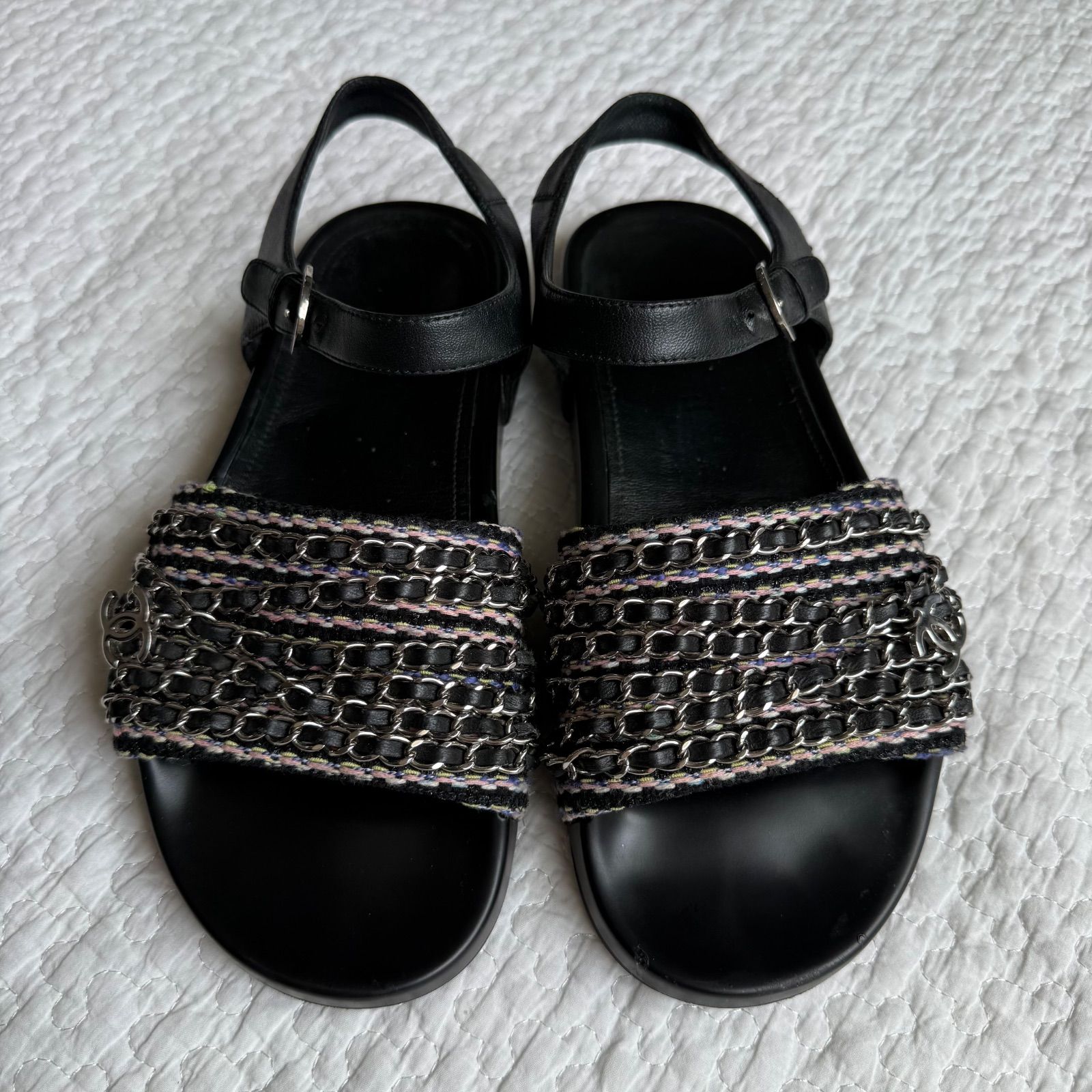 CHANEL ツイードチェーンサンダル。 CHANEL シャネル サンダル チェーン ロゴ ツイード #36 黒