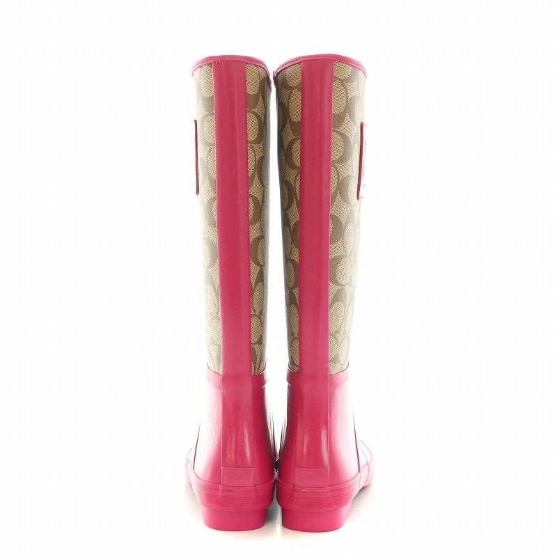 コーチ COACH Tristee Rain Boots トリスティレインブーツ 長靴 雨靴 ロングブーツ ローヒール シグネチャー ロゴ 切替 7M  24.5cm ピンク ベージュ F2460 /BB - メルカリ