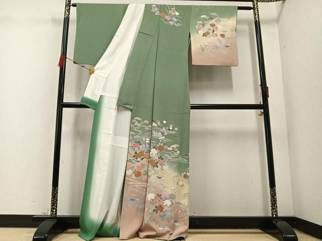 平和屋着物○訪問着 友禅 草花文 暈し染め 金彩 正絹 逸品 AABC8023ph