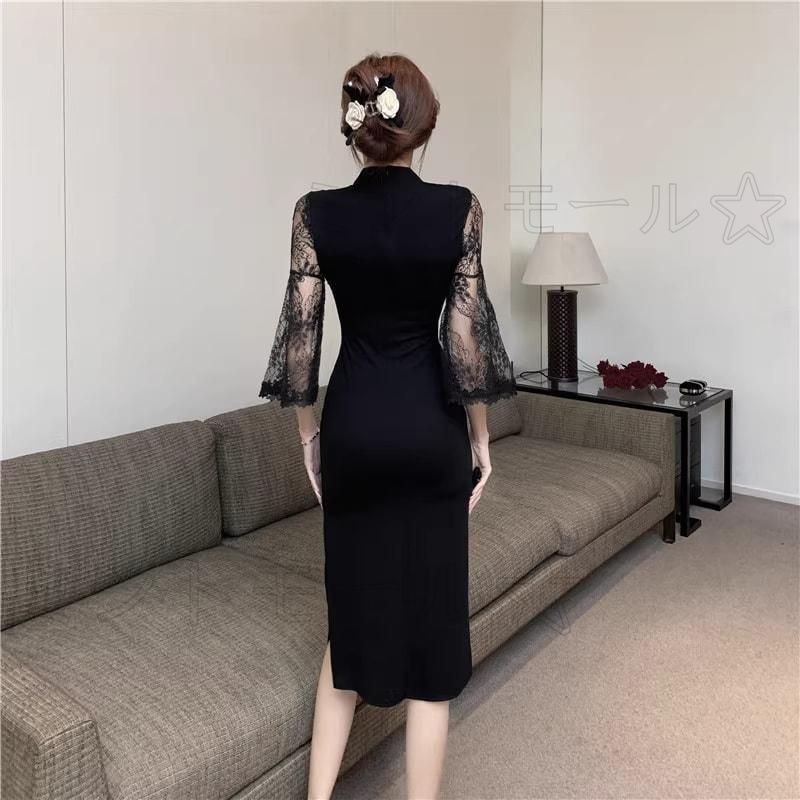 チャイナ風ドレス 花柄メッシュ セクシー スリット ナイトクラブ キャバ チャイナ風ドレス 花柄メッシュ セクシー スリット ナイトクラブ