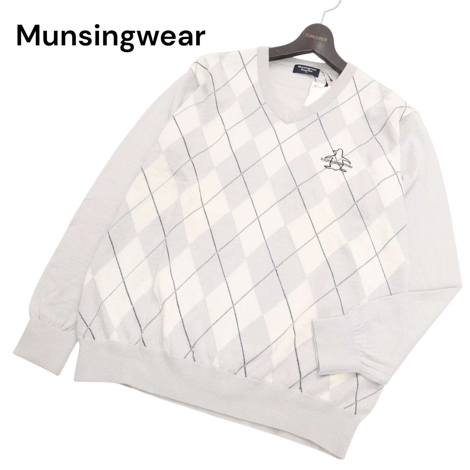 【新品 未使用】 Munsingwear マンシングウェア ゴルフ 秋冬 ロゴ刺繍 アーガイル柄ウール ニット セーター Sz.LL　メンズ