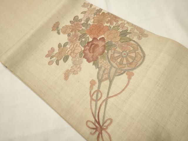 平和屋着物○中国三大刺繍 相良刺繍 太鼓柄袋帯 紬地 地