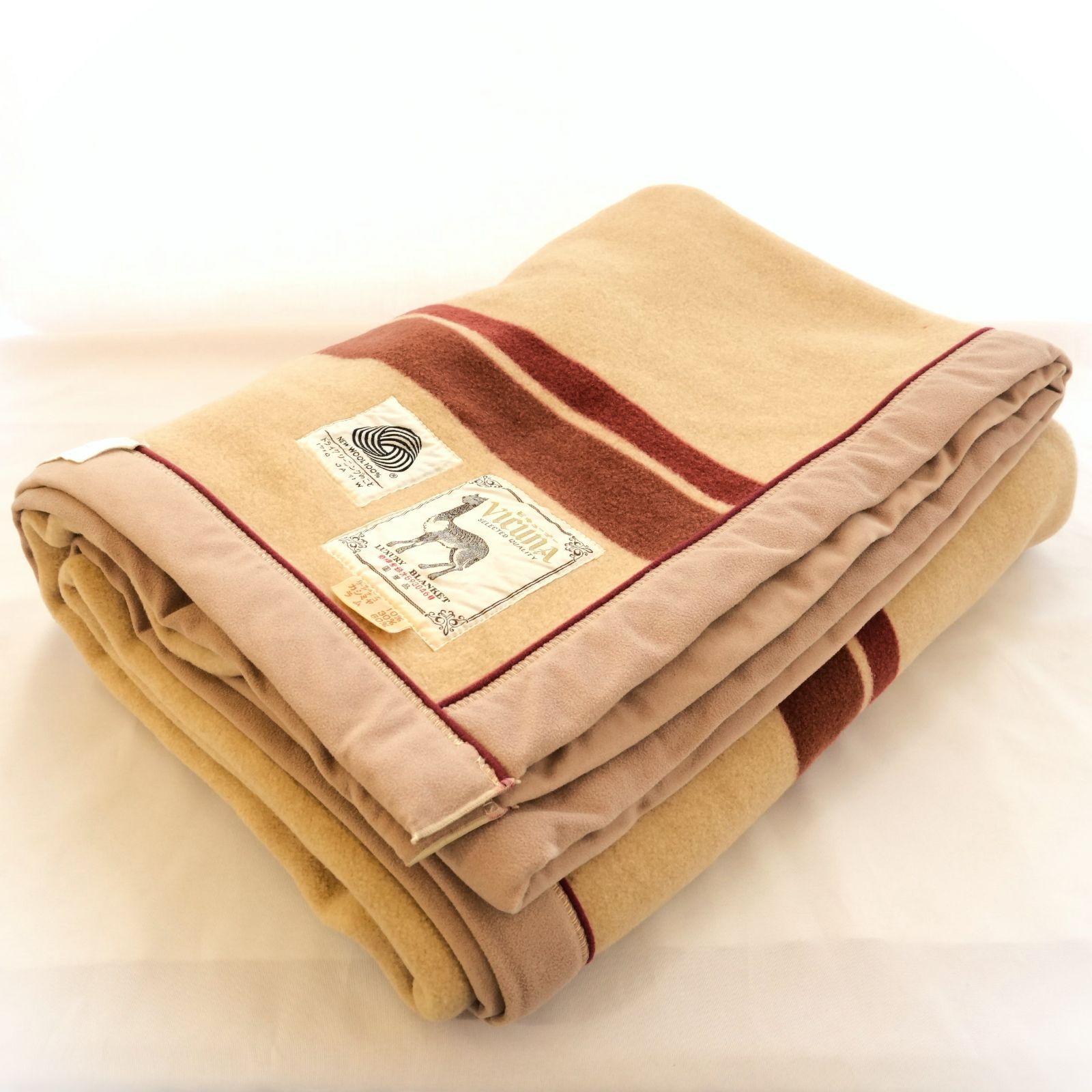 SJk ビキューナ VICUNA 毛布 ブランケット 国産 カシミヤ ラム ウール 毛100％ 145×200 ベージュ えんじ色 品